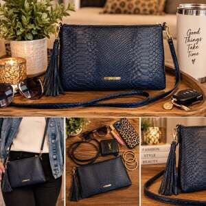GiGi New York Navy Blue Python Leather Madison Convertible Crossbody Clutch MINT